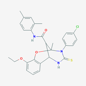 molecular formula C28H28ClN3O3S B11214476 3-(4-chlorophenyl)-N-(2,4-dimethylphenyl)-10-ethoxy-2-methyl-4-thioxo-3,4,5,6-tetrahydro-2H-2,6-methano-1,3,5-benzoxadiazocine-11-carboxamide 