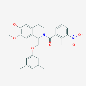 molecular formula C28H30N2O6 B11214594 (1-((3,5-dimethylphenoxy)methyl)-6,7-dimethoxy-3,4-dihydroisoquinolin-2(1H)-yl)(2-methyl-3-nitrophenyl)methanone 