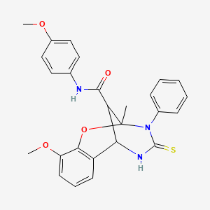 molecular formula C26H25N3O4S B11214626 10-methoxy-N-(4-methoxyphenyl)-2-methyl-3-phenyl-4-thioxo-3,4,5,6-tetrahydro-2H-2,6-methano-1,3,5-benzoxadiazocine-11-carboxamide 