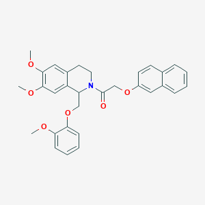 molecular formula C31H31NO6 B11215569 1-(6,7-dimethoxy-1-((2-methoxyphenoxy)methyl)-3,4-dihydroisoquinolin-2(1H)-yl)-2-(naphthalen-2-yloxy)ethanone 