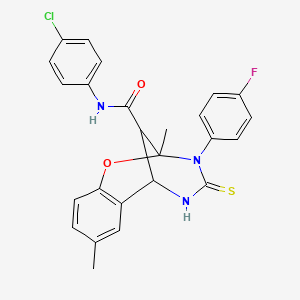 molecular formula C25H21ClFN3O2S B11215757 N-(4-chlorophenyl)-3-(4-fluorophenyl)-2,8-dimethyl-4-thioxo-3,4,5,6-tetrahydro-2H-2,6-methano-1,3,5-benzoxadiazocine-11-carboxamide 