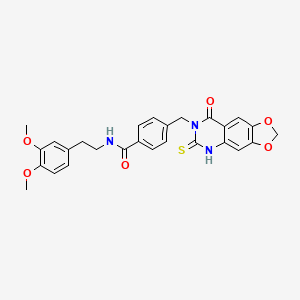 molecular formula C27H25N3O6S B11216001 N-[2-(3,4-dimethoxyphenyl)ethyl]-4-[(8-oxo-6-sulfanylidene-5H-[1,3]dioxolo[4,5-g]quinazolin-7-yl)methyl]benzamide 