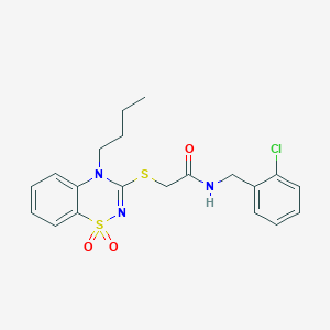 molecular formula C20H22ClN3O3S2 B11216033 2-((4-butyl-1,1-dioxido-4H-benzo[e][1,2,4]thiadiazin-3-yl)thio)-N-(2-chlorobenzyl)acetamide 