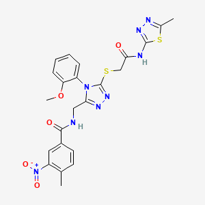 molecular formula C23H22N8O5S2 B11216200 N-((4-(2-methoxyphenyl)-5-((2-((5-methyl-1,3,4-thiadiazol-2-yl)amino)-2-oxoethyl)thio)-4H-1,2,4-triazol-3-yl)methyl)-4-methyl-3-nitrobenzamide 