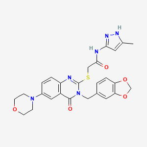 molecular formula C26H26N6O5S B11216510 2-[3-(1,3-benzodioxol-5-ylmethyl)-6-morpholin-4-yl-4-oxoquinazolin-2-yl]sulfanyl-N-(5-methyl-1H-pyrazol-3-yl)acetamide 