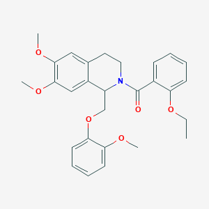 molecular formula C28H31NO6 B11216521 (6,7-dimethoxy-1-((2-methoxyphenoxy)methyl)-3,4-dihydroisoquinolin-2(1H)-yl)(2-ethoxyphenyl)methanone 