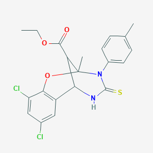 molecular formula C21H20Cl2N2O3S B11216823 ethyl 8,10-dichloro-2-methyl-3-(4-methylphenyl)-4-thioxo-3,4,5,6-tetrahydro-2H-2,6-methano-1,3,5-benzoxadiazocine-11-carboxylate 