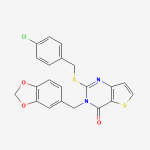 molecular formula C21H15ClN2O3S2 B11217100 3-(1,3-benzodioxol-5-ylmethyl)-2-[(4-chlorobenzyl)sulfanyl]thieno[3,2-d]pyrimidin-4(3H)-one 