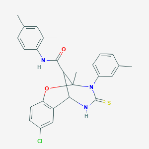 molecular formula C27H26ClN3O2S B11218208 8-chloro-N-(2,4-dimethylphenyl)-2-methyl-3-(3-methylphenyl)-4-thioxo-3,4,5,6-tetrahydro-2H-2,6-methano-1,3,5-benzoxadiazocine-11-carboxamide 