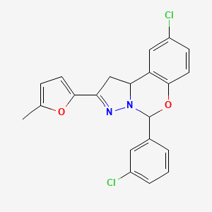 molecular formula C21H16Cl2N2O2 B11218479 9-Chloro-5-(3-chlorophenyl)-2-(5-methyl-2-furyl)-1,10b-dihydropyrazolo[1,5-c][1,3]benzoxazine 