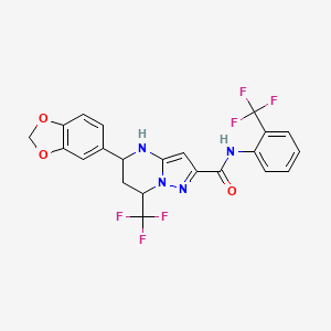 molecular formula C22H16F6N4O3 B11218724 5-(1,3-benzodioxol-5-yl)-7-(trifluoromethyl)-N-[2-(trifluoromethyl)phenyl]-4,5,6,7-tetrahydropyrazolo[1,5-a]pyrimidine-2-carboxamide 