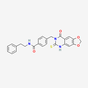 molecular formula C25H21N3O4S B11219217 4-((8-oxo-6-thioxo-5,6-dihydro-[1,3]dioxolo[4,5-g]quinazolin-7(8H)-yl)methyl)-N-phenethylbenzamide 