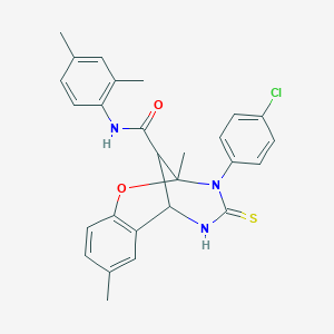 molecular formula C27H26ClN3O2S B11219643 3-(4-chlorophenyl)-N-(2,4-dimethylphenyl)-2,8-dimethyl-4-thioxo-3,4,5,6-tetrahydro-2H-2,6-methano-1,3,5-benzoxadiazocine-11-carboxamide 