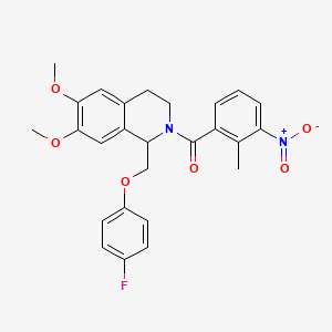 molecular formula C26H25FN2O6 B11220225 (1-((4-fluorophenoxy)methyl)-6,7-dimethoxy-3,4-dihydroisoquinolin-2(1H)-yl)(2-methyl-3-nitrophenyl)methanone 