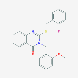 molecular formula C23H19FN2O2S B11220692 2-[(2-fluorobenzyl)sulfanyl]-3-(2-methoxybenzyl)quinazolin-4(3H)-one 