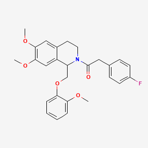 molecular formula C27H28FNO5 B11220808 1-(6,7-dimethoxy-1-((2-methoxyphenoxy)methyl)-3,4-dihydroisoquinolin-2(1H)-yl)-2-(4-fluorophenyl)ethanone 