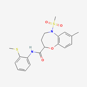 molecular formula C19H22N2O4S2 B11220816 7-methyl-N-[2-(methylsulfanyl)phenyl]-5-(methylsulfonyl)-2,3,4,5-tetrahydro-1,5-benzoxazepine-2-carboxamide 