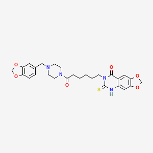 molecular formula C27H30N4O6S B11221014 7-[6-[4-(1,3-benzodioxol-5-ylmethyl)piperazin-1-yl]-6-oxohexyl]-6-sulfanylidene-5H-[1,3]dioxolo[4,5-g]quinazolin-8-one 