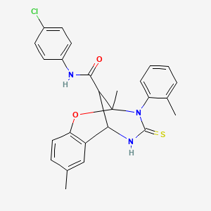 molecular formula C26H24ClN3O2S B11221044 N-(4-chlorophenyl)-2,8-dimethyl-3-(2-methylphenyl)-4-thioxo-3,4,5,6-tetrahydro-2H-2,6-methano-1,3,5-benzoxadiazocine-11-carboxamide 