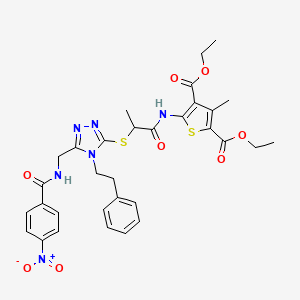 molecular formula C32H34N6O8S2 B11221085 diethyl 3-methyl-5-(2-((5-((4-nitrobenzamido)methyl)-4-phenethyl-4H-1,2,4-triazol-3-yl)thio)propanamido)thiophene-2,4-dicarboxylate 