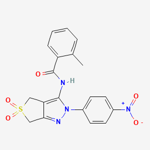 molecular formula C19H16N4O5S B11221623 2-methyl-N-(2-(4-nitrophenyl)-5,5-dioxido-4,6-dihydro-2H-thieno[3,4-c]pyrazol-3-yl)benzamide 