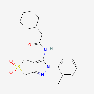 molecular formula C20H25N3O3S B11222182 2-cyclohexyl-N-(5,5-dioxido-2-(o-tolyl)-4,6-dihydro-2H-thieno[3,4-c]pyrazol-3-yl)acetamide 