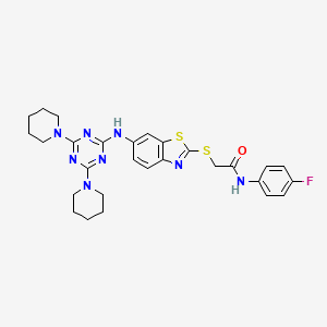 molecular formula C28H31FN8OS2 B11222856 2-[(6-{[4,6-di(piperidin-1-yl)-1,3,5-triazin-2-yl]amino}-1,3-benzothiazol-2-yl)sulfanyl]-N-(4-fluorophenyl)acetamide 