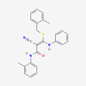 molecular formula C25H23N3OS B11223024 (2E)-2-cyano-3-[(2-methylbenzyl)sulfanyl]-N-(2-methylphenyl)-3-(phenylamino)prop-2-enamide 