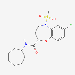 molecular formula C18H25ClN2O4S B11223124 7-chloro-N-cycloheptyl-5-(methylsulfonyl)-2,3,4,5-tetrahydro-1,5-benzoxazepine-2-carboxamide 