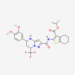 molecular formula C28H31F3N4O5S B11223469 Propan-2-yl 2-({[5-(3,4-dimethoxyphenyl)-7-(trifluoromethyl)-4,5,6,7-tetrahydropyrazolo[1,5-a]pyrimidin-2-yl]carbonyl}amino)-4,5,6,7-tetrahydro-1-benzothiophene-3-carboxylate 