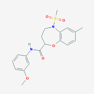 molecular formula C19H22N2O5S B11223612 N-(3-methoxyphenyl)-7-methyl-5-(methylsulfonyl)-2,3,4,5-tetrahydro-1,5-benzoxazepine-2-carboxamide 