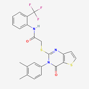 molecular formula C23H18F3N3O2S2 B11223697 2-{[3-(3,4-dimethylphenyl)-4-oxo-3,4-dihydrothieno[3,2-d]pyrimidin-2-yl]sulfanyl}-N-[2-(trifluoromethyl)phenyl]acetamide 