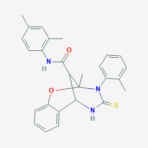 molecular formula C27H27N3O2S B11223767 N-(2,4-dimethylphenyl)-2-methyl-3-(2-methylphenyl)-4-thioxo-3,4,5,6-tetrahydro-2H-2,6-methano-1,3,5-benzoxadiazocine-11-carboxamide 