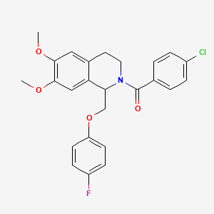 molecular formula C25H23ClFNO4 B11224393 (4-chlorophenyl)(1-((4-fluorophenoxy)methyl)-6,7-dimethoxy-3,4-dihydroisoquinolin-2(1H)-yl)methanone 