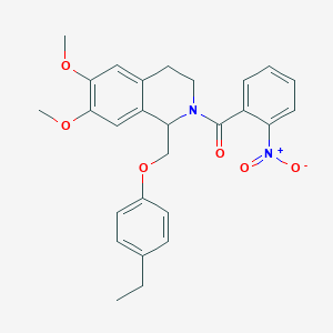 molecular formula C27H28N2O6 B11224639 (1-((4-ethylphenoxy)methyl)-6,7-dimethoxy-3,4-dihydroisoquinolin-2(1H)-yl)(2-nitrophenyl)methanone 