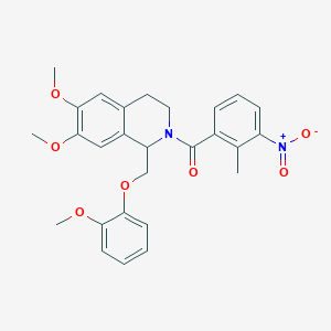 molecular formula C27H28N2O7 B11224677 (6,7-dimethoxy-1-((2-methoxyphenoxy)methyl)-3,4-dihydroisoquinolin-2(1H)-yl)(2-methyl-3-nitrophenyl)methanone 