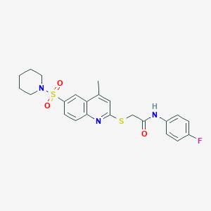 molecular formula C23H24FN3O3S2 B11225515 N-(4-Fluorophenyl)-2-{[4-methyl-6-(piperidine-1-sulfonyl)quinolin-2-YL]sulfanyl}acetamide 