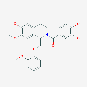 molecular formula C28H31NO7 B11225614 (6,7-dimethoxy-1-((2-methoxyphenoxy)methyl)-3,4-dihydroisoquinolin-2(1H)-yl)(3,4-dimethoxyphenyl)methanone 