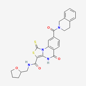 8-(3,4-dihydro-1H-isoquinoline-2-carbonyl)-5-oxo-N-(oxolan-2-ylmethyl)-1-sulfanylidene-4H-[1,3]thiazolo[3,4-a]quinazoline-3-carboxamide