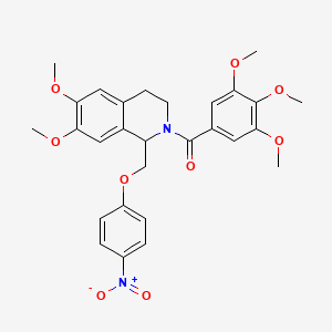 molecular formula C28H30N2O9 B11226510 (6,7-dimethoxy-1-((4-nitrophenoxy)methyl)-3,4-dihydroisoquinolin-2(1H)-yl)(3,4,5-trimethoxyphenyl)methanone 