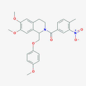 molecular formula C27H28N2O7 B11227987 (6,7-dimethoxy-1-((4-methoxyphenoxy)methyl)-3,4-dihydroisoquinolin-2(1H)-yl)(4-methyl-3-nitrophenyl)methanone 