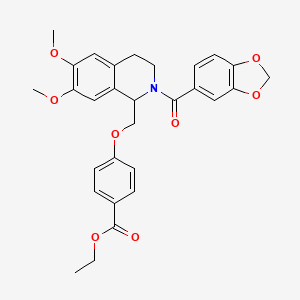 molecular formula C29H29NO8 B11228554 Ethyl 4-((2-(benzo[d][1,3]dioxole-5-carbonyl)-6,7-dimethoxy-1,2,3,4-tetrahydroisoquinolin-1-yl)methoxy)benzoate 