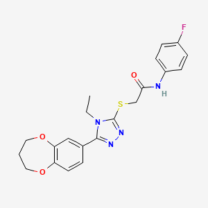 molecular formula C21H21FN4O3S B11229303 2-{[5-(3,4-dihydro-2H-1,5-benzodioxepin-7-yl)-4-ethyl-4H-1,2,4-triazol-3-yl]sulfanyl}-N-(4-fluorophenyl)acetamide 