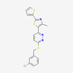 molecular formula C19H14ClN3S3 B11230124 5-(6-((3-Chlorobenzyl)thio)pyridazin-3-yl)-4-methyl-2-(thiophen-2-yl)thiazole 