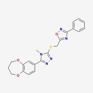 molecular formula C21H19N5O3S B11230246 5-({[5-(3,4-dihydro-2H-1,5-benzodioxepin-7-yl)-4-methyl-4H-1,2,4-triazol-3-yl]sulfanyl}methyl)-3-phenyl-1,2,4-oxadiazole 