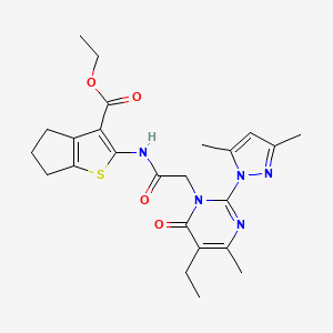 ethyl 2-(2-(2-(3,5-dimethyl-1H-pyrazol-1-yl)-5-ethyl-4-methyl-6-oxopyrimidin-1(6H)-yl)acetamido)-5,6-dihydro-4H-cyclopenta[b]thiophene-3-carboxylate