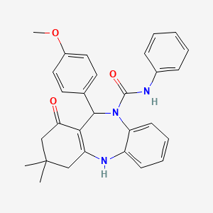 molecular formula C29H29N3O3 B11230393 11-(4-methoxyphenyl)-3,3-dimethyl-1-oxo-N-phenyl-1,2,3,4,5,11-hexahydro-10H-dibenzo[b,e][1,4]diazepine-10-carboxamide 