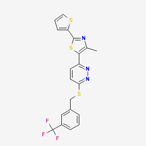 molecular formula C20H14F3N3S3 B11230618 4-Methyl-2-(thiophen-2-yl)-5-(6-((3-(trifluoromethyl)benzyl)thio)pyridazin-3-yl)thiazole 