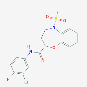 molecular formula C17H16ClFN2O4S B11230710 N-(3-chloro-4-fluorophenyl)-5-(methylsulfonyl)-2,3,4,5-tetrahydro-1,5-benzoxazepine-2-carboxamide 