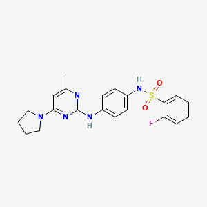 molecular formula C21H22FN5O2S B11230910 2-fluoro-N-(4-((4-methyl-6-(pyrrolidin-1-yl)pyrimidin-2-yl)amino)phenyl)benzenesulfonamide 